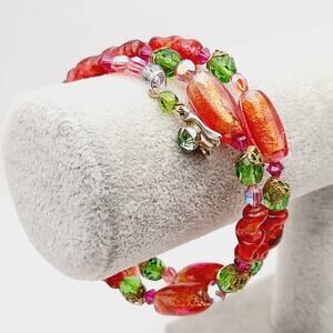 Vintage Glass Foil Beaded Bracelet – Fall Colors Memory Wire Jewelry